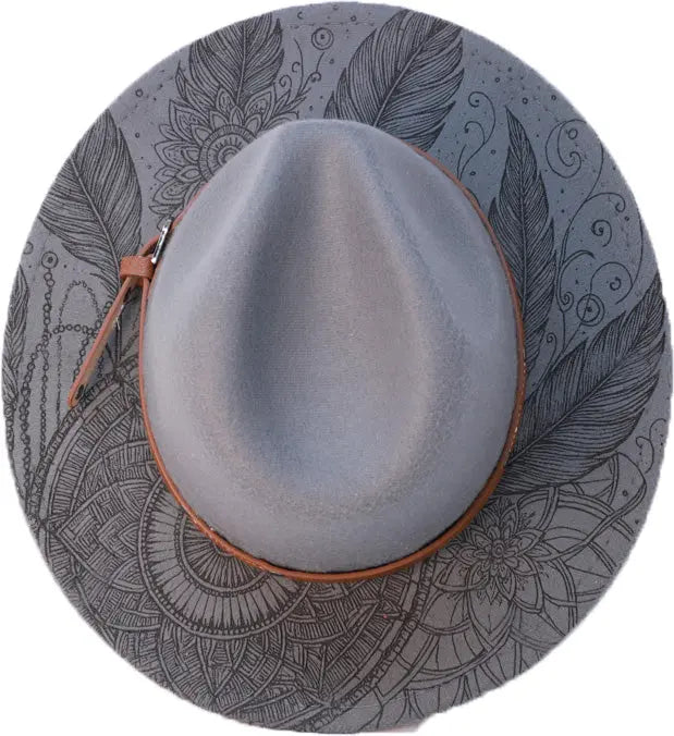 Aztec Boho Laser Engraved Fedora Hat – Grey Polyester Wool  display picture 1
