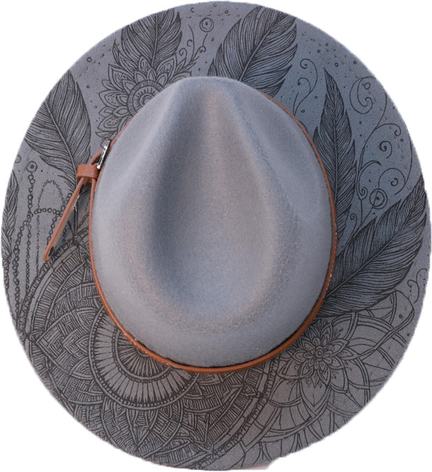 Top view of grey boho fedora with detailed laser etching