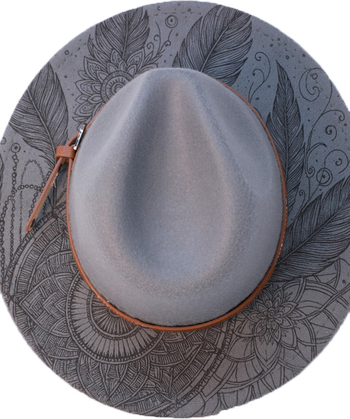 Laser engraved mandala and feather pattern on grey fedora hat