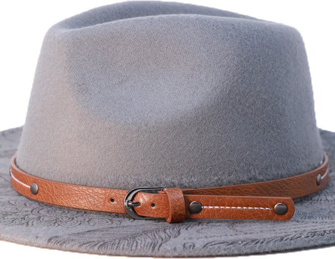Poly wool fedora hat with tan faux-leather strap and buckle