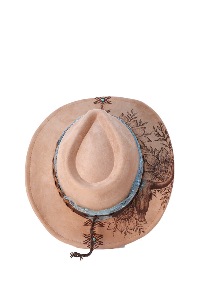 Sunflower & Longhorn Laser Engraved Fedora Hat with Aztec Detail