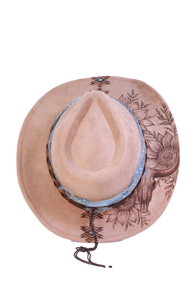 Sunflower & Longhorn Laser Engraved Fedora Hat with Aztec Detail