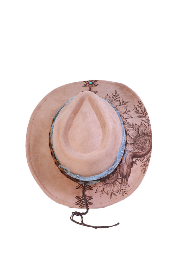 Sunflower & Longhorn Laser Engraved Fedora Hat with Aztec Detail
