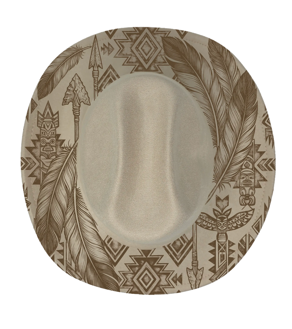 biege cattleman hat with aztec Boho engraved design