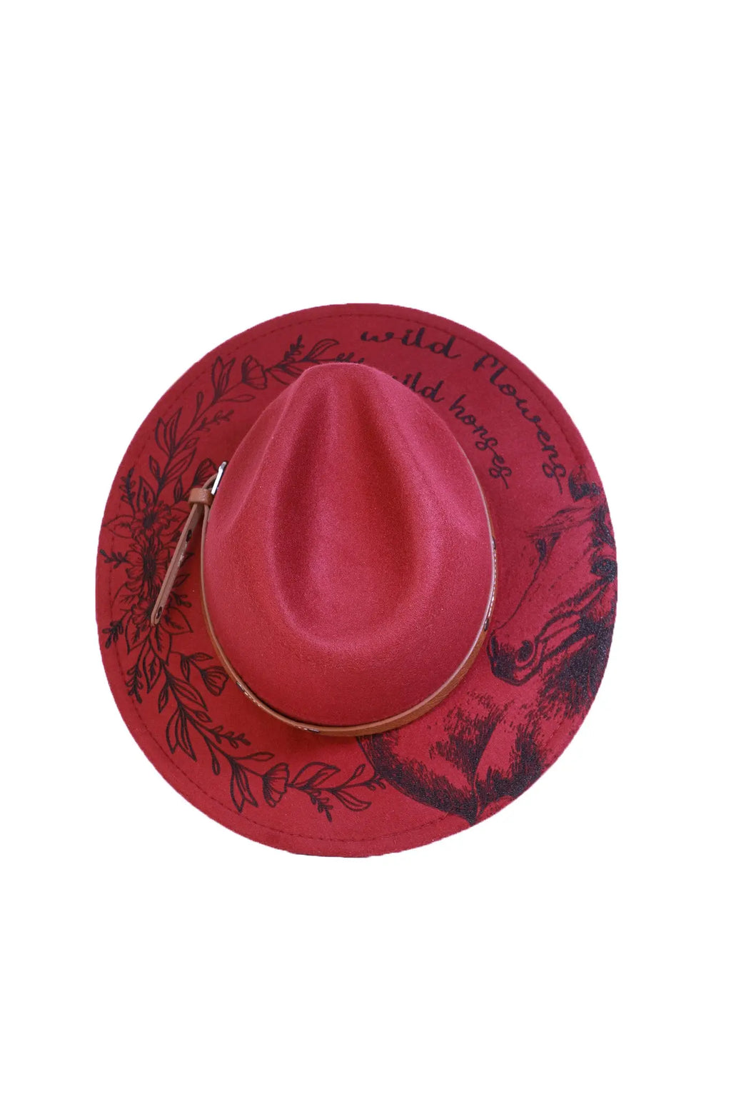 Burgundy fedora hat with laser-engraved horse and wildflower design on the brim
