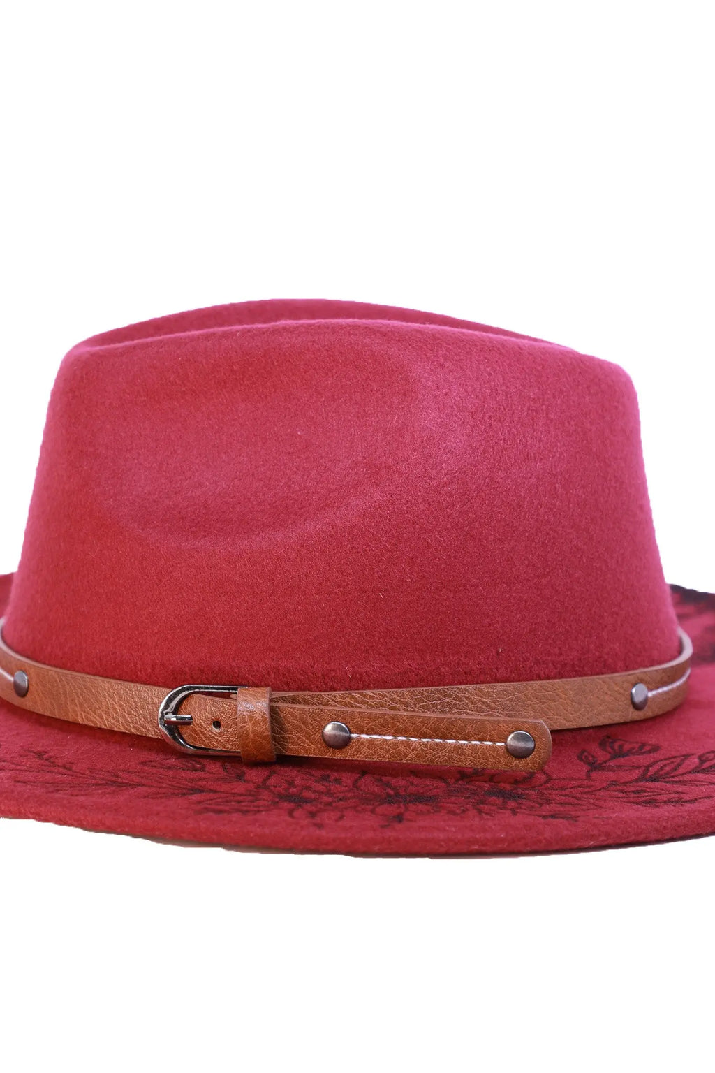 Burgundy fedora with brown belt strap and subtle floral engravings around the edge