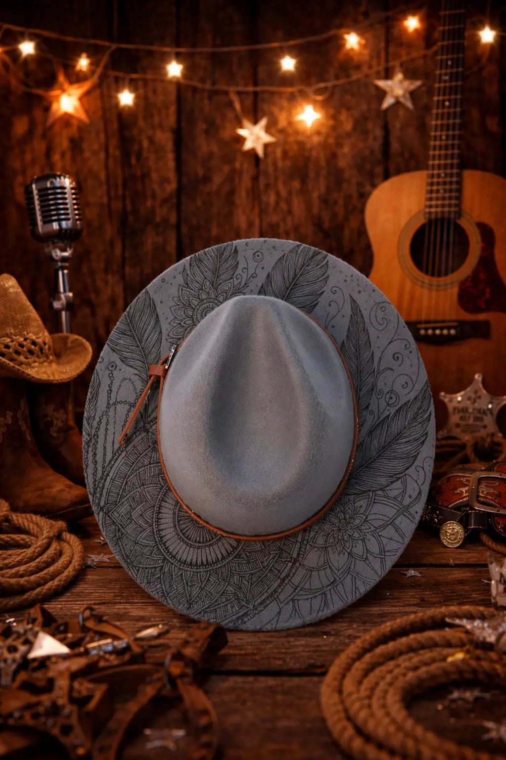 Aztec Boho Laser Engraved Fedora Hat – Grey Polyester Wool Western Fedora Hats