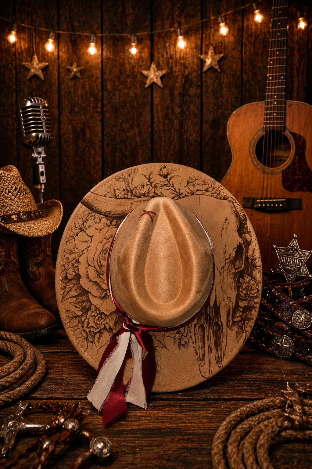 Engraved Floral Cow Skull Fedora Hat Western Fedora Hats