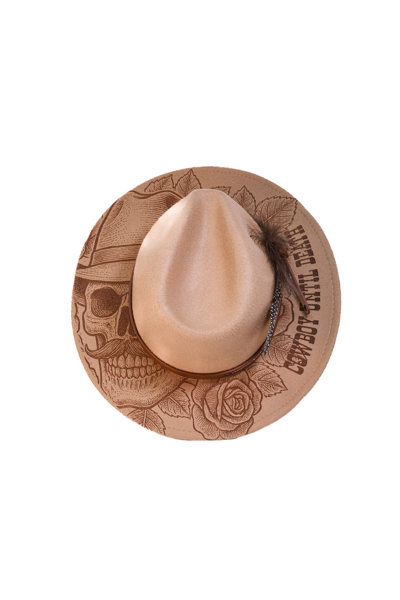 Tan fedora hat with engraved cowboy skull and roses on brim