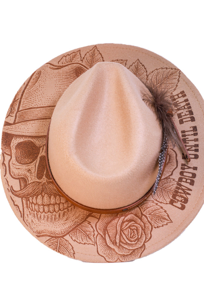 Western style hat with leather band and feather detail