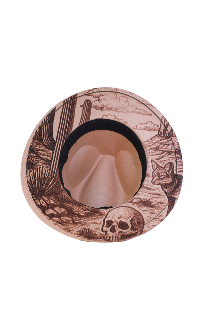 Laser engraved beige fedora hat with desert scene and coyote design