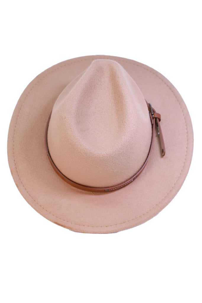 Top view of beige fedora with brown leather band