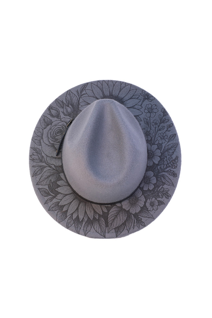 Grey fedora with engraved floral brim design