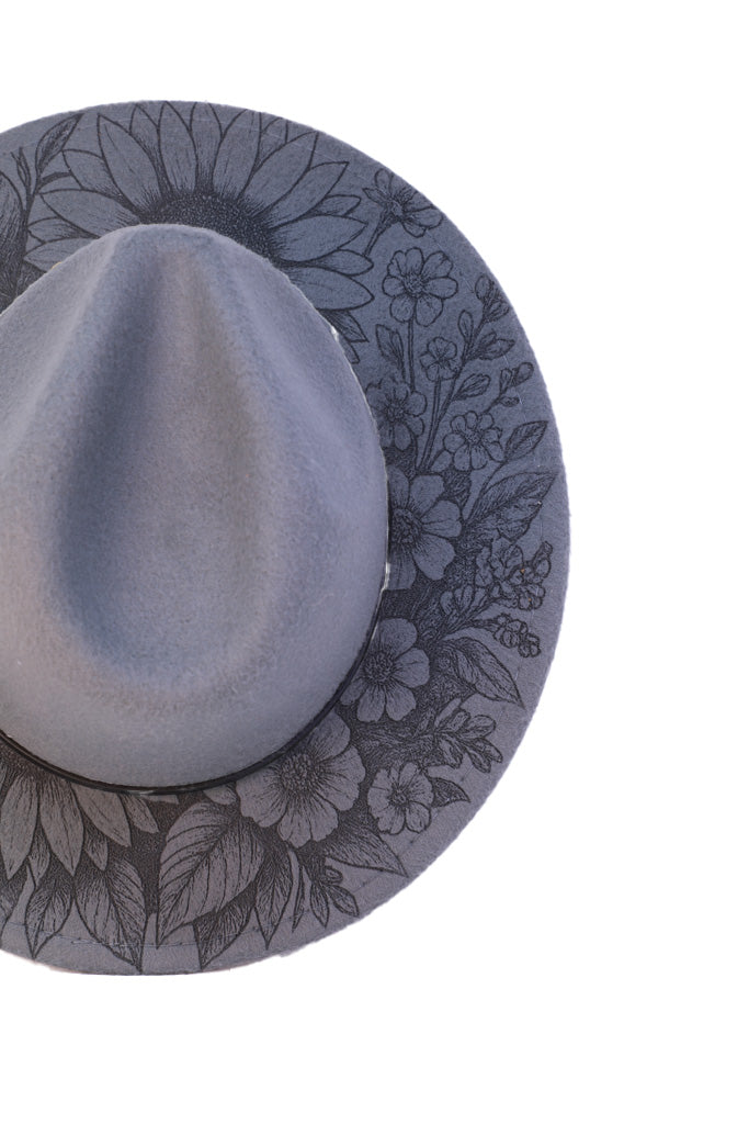 Grey boho fedora with sunflower and leaf etching