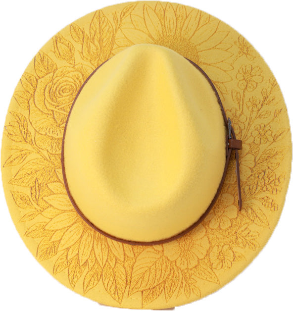 Bright yellow suede-feel fedora with floral engraving and brown belt