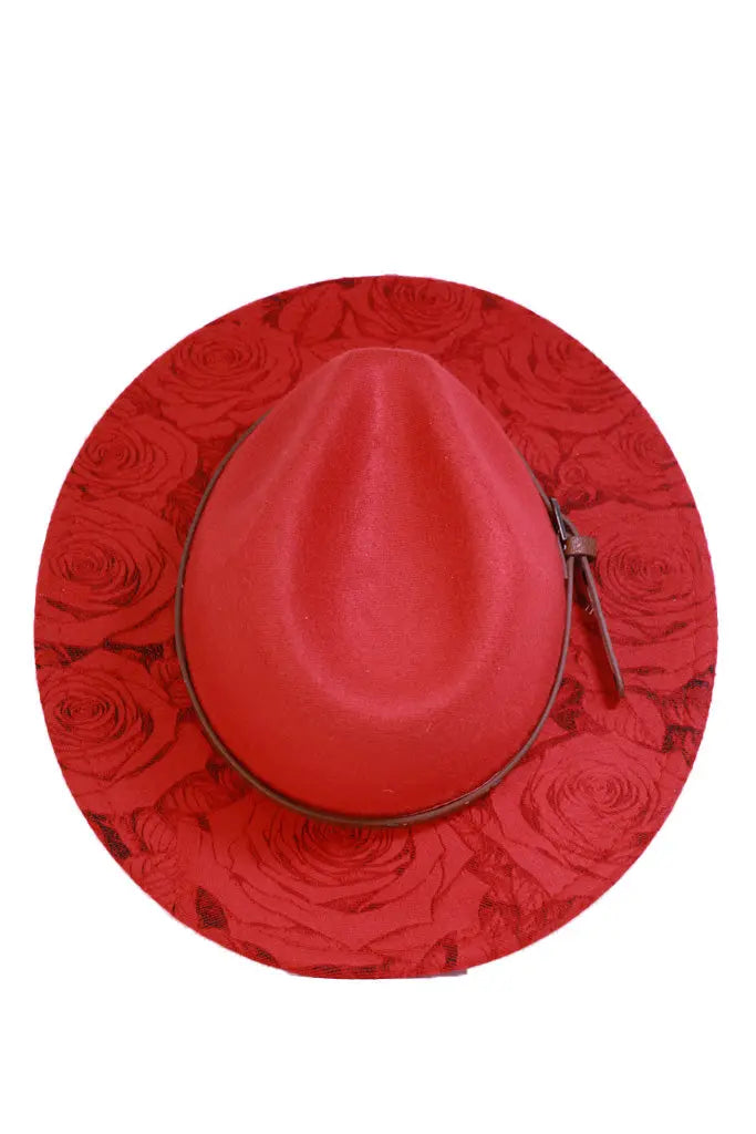 Laser-engraved floral design on red Western hat