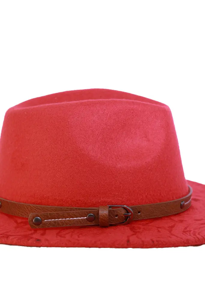 Adjustable red fedora hat with engraved floral pattern