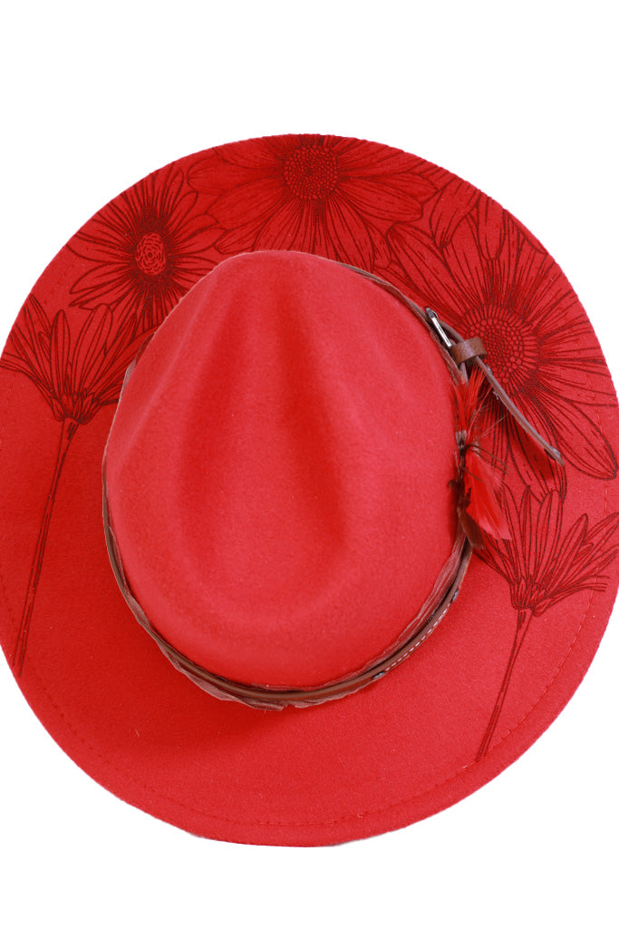 Poly-wool western hat with red feather and brown faux-leather band