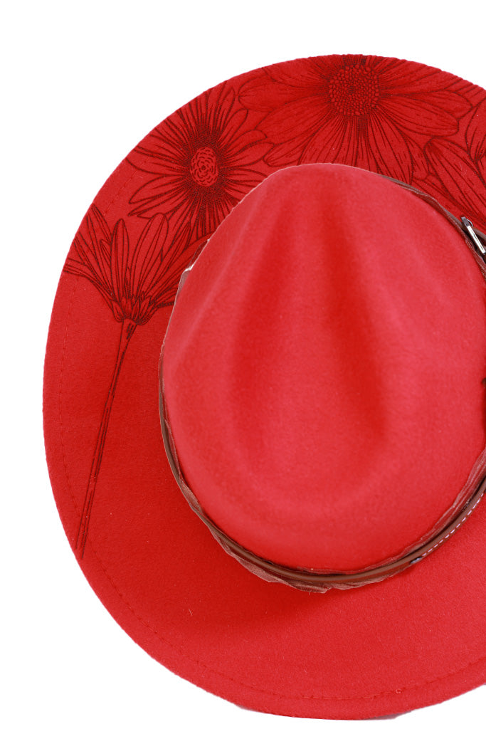 Adjustable red floral fedora with engraved brim and feather accent