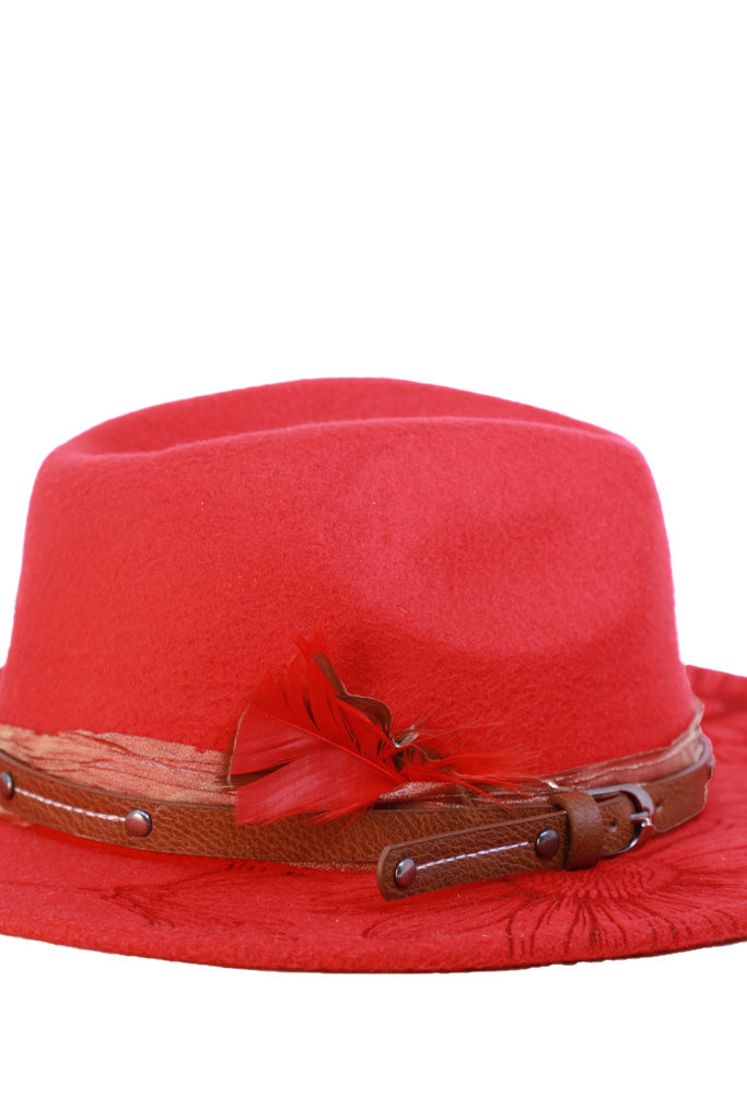 Side angle of red laser engraved boho fedora
