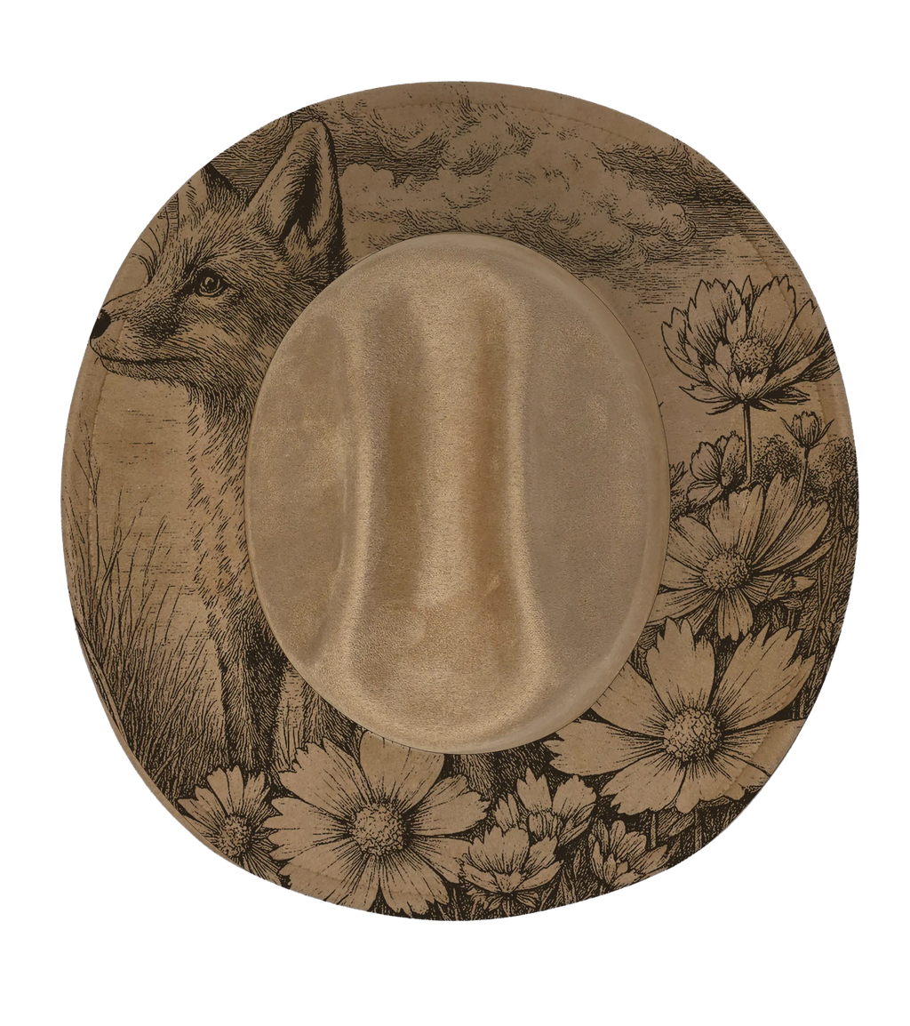 Tan coloured cattleman hat with Fox and meadow engraving