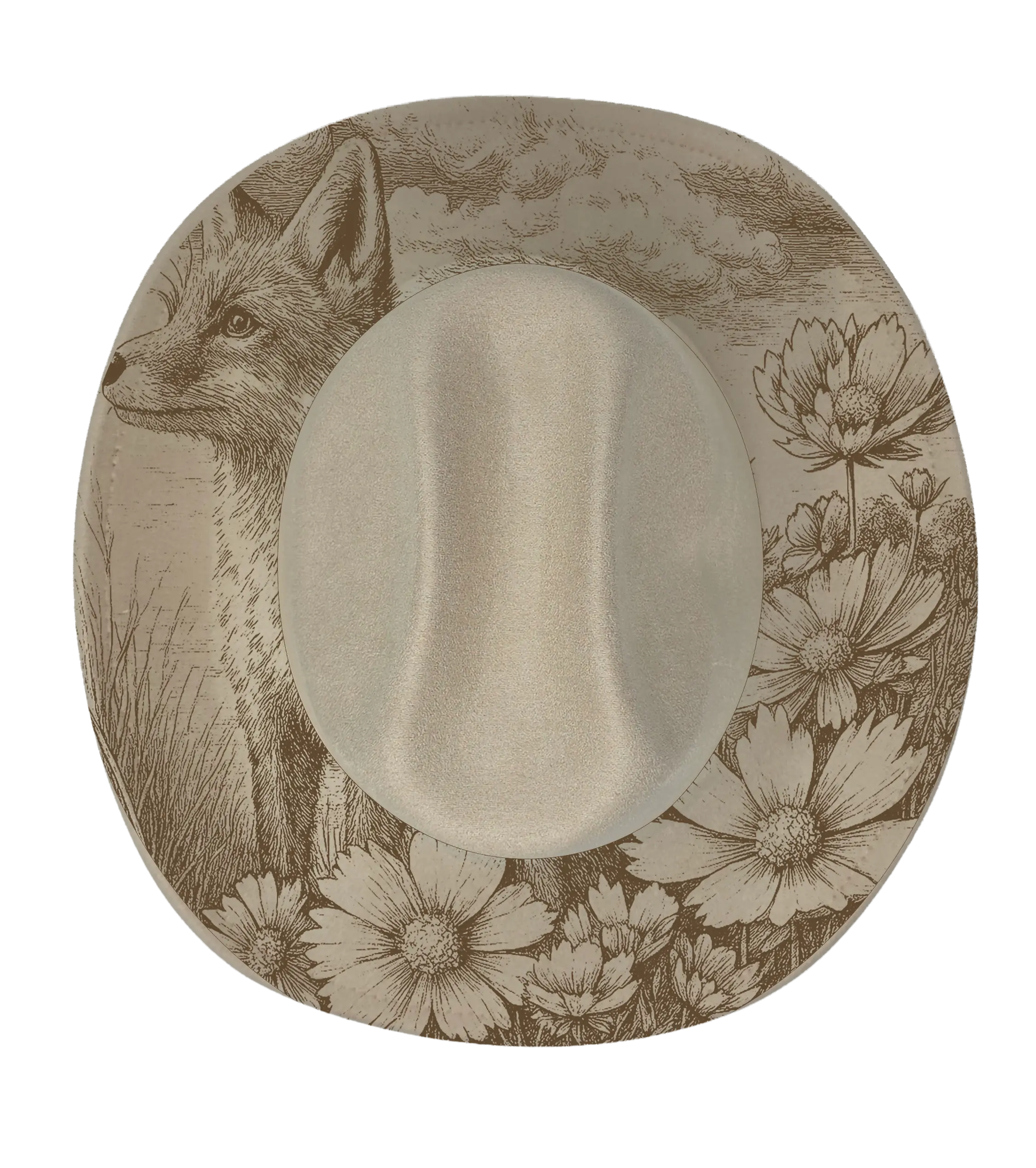 Fox in a meadow engraved onto a biege cattleman hat