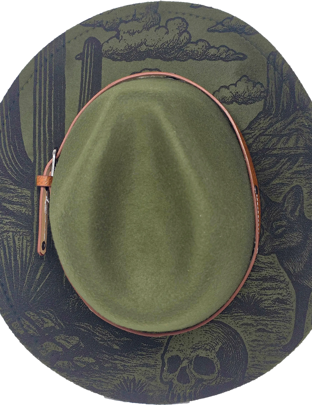 Green Western Fedora Hat with Engraved Desert & Skull Design – Adjustable Cowboy Style Western Fedora Hats
