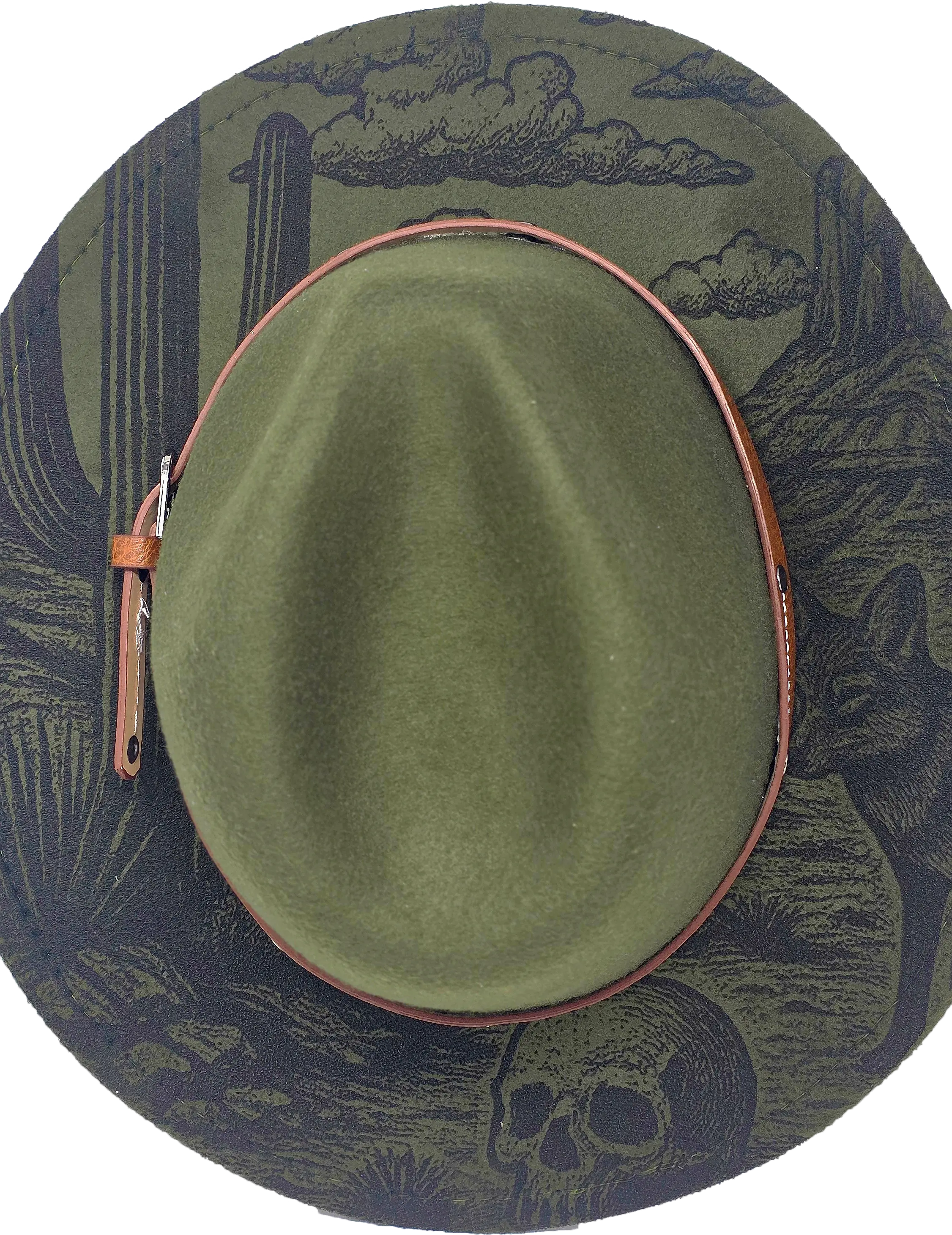 Green Western Fedora Hat with Engraved Desert & Skull Design – Adjustable Cowboy Style Western Fedora Hats