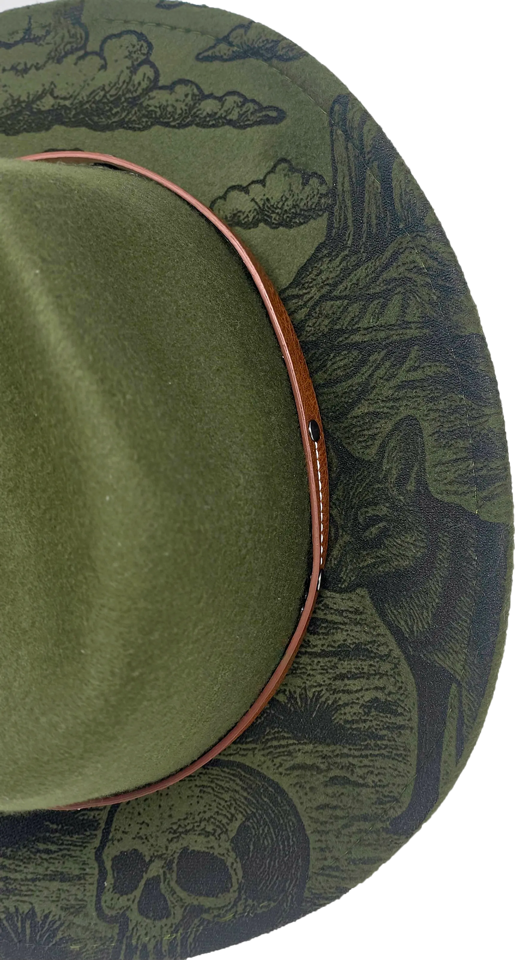Green Western Fedora Hat with Engraved Desert & Skull Design – Adjustable Cowboy Style Western Fedora Hats
