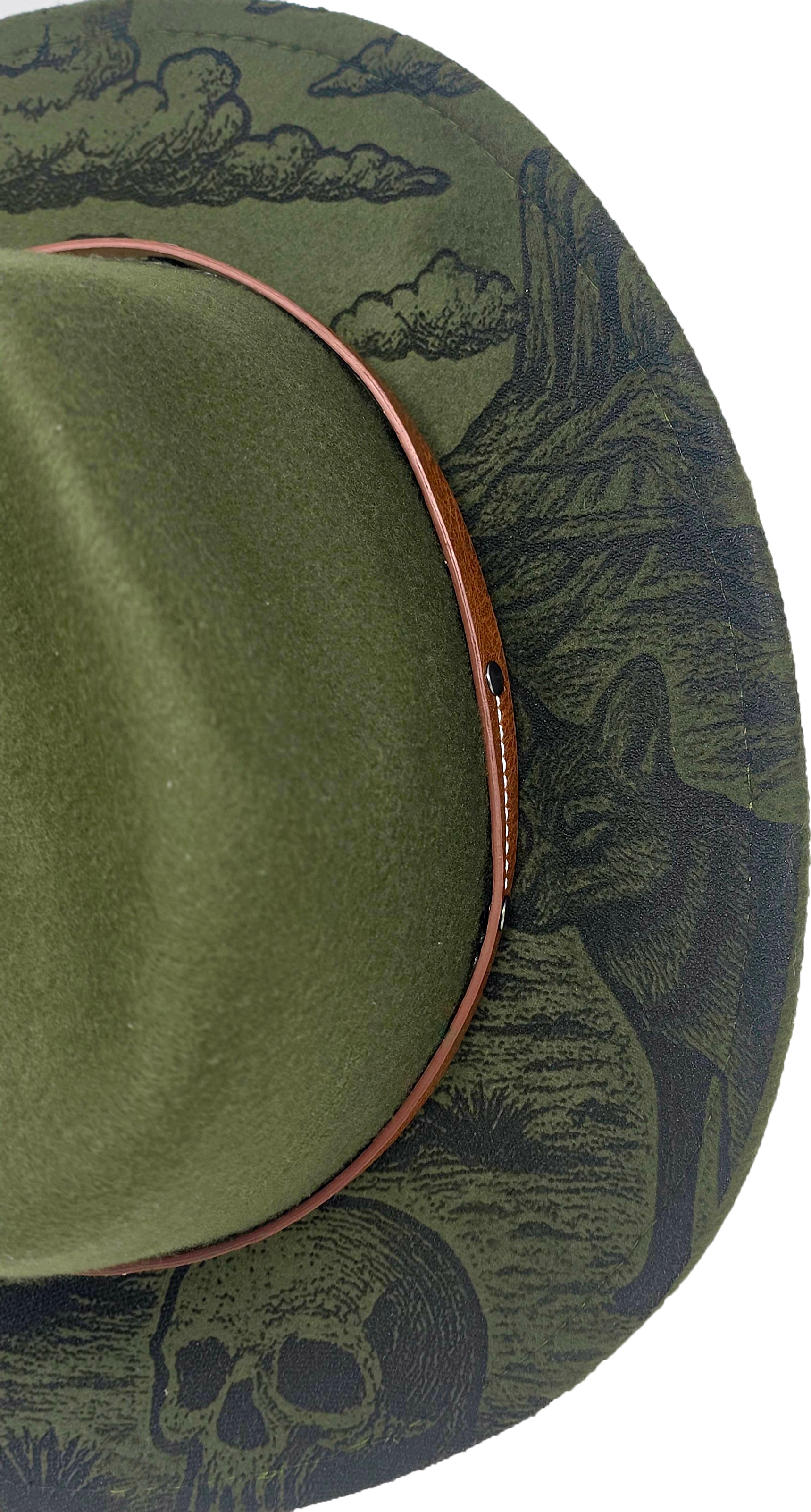 Green Western Fedora Hat with Engraved Desert & Skull Design – Adjustable Cowboy Style