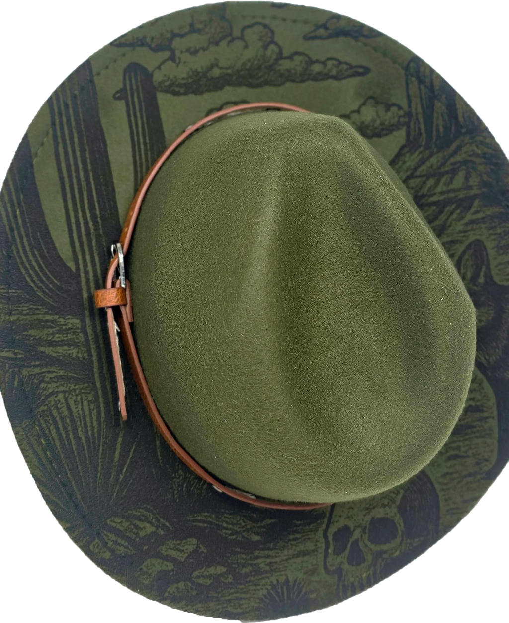 Green Western Fedora Hat with Engraved Desert & Skull Design – Adjustable Cowboy Style Western Fedora Hats