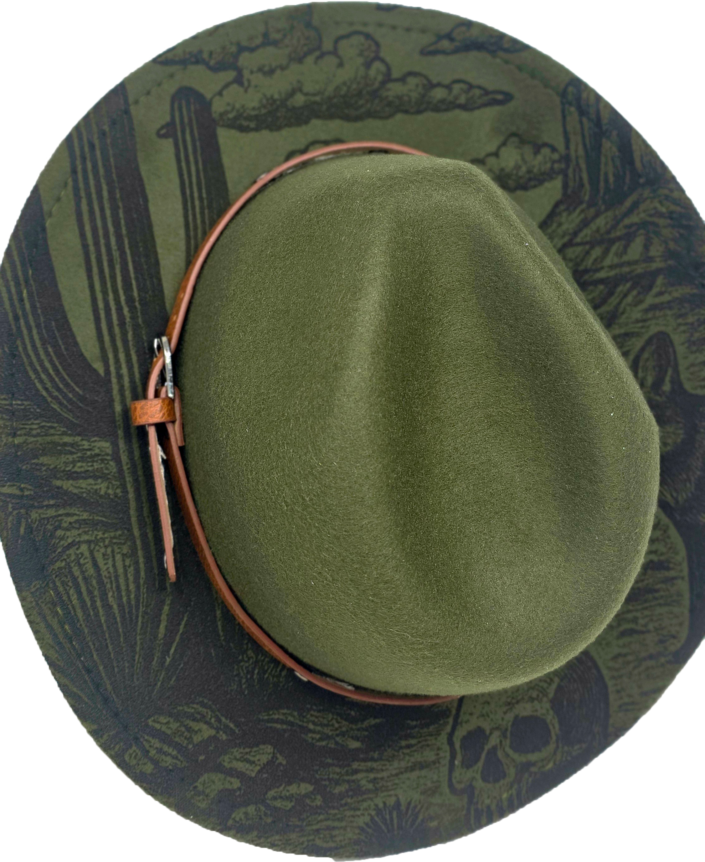 Green Western Fedora Hat with Engraved Desert & Skull Design – Adjustable Cowboy Style