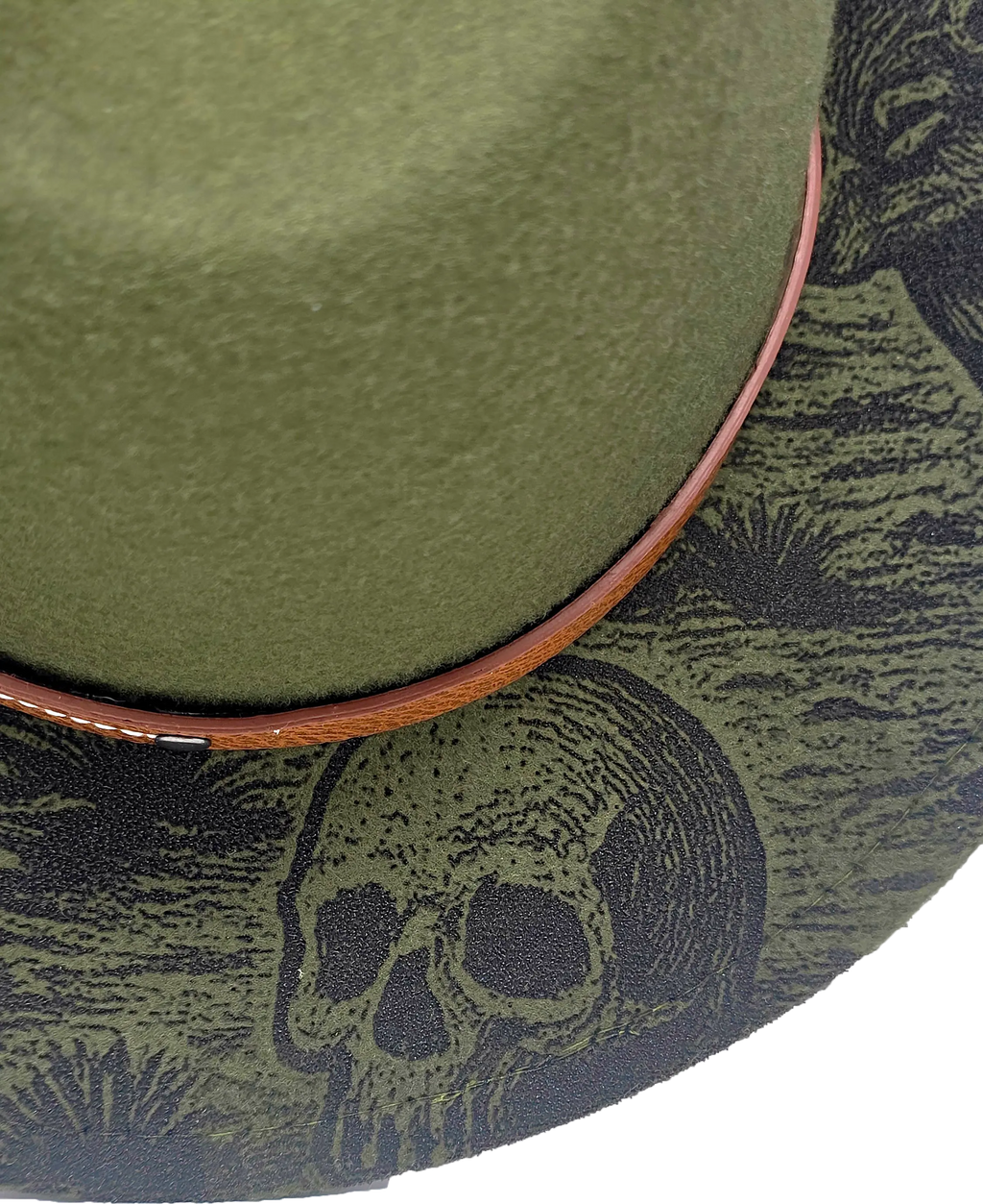 Green Western Fedora Hat with Engraved Desert & Skull Design – Adjustable Cowboy Style Western Fedora Hats