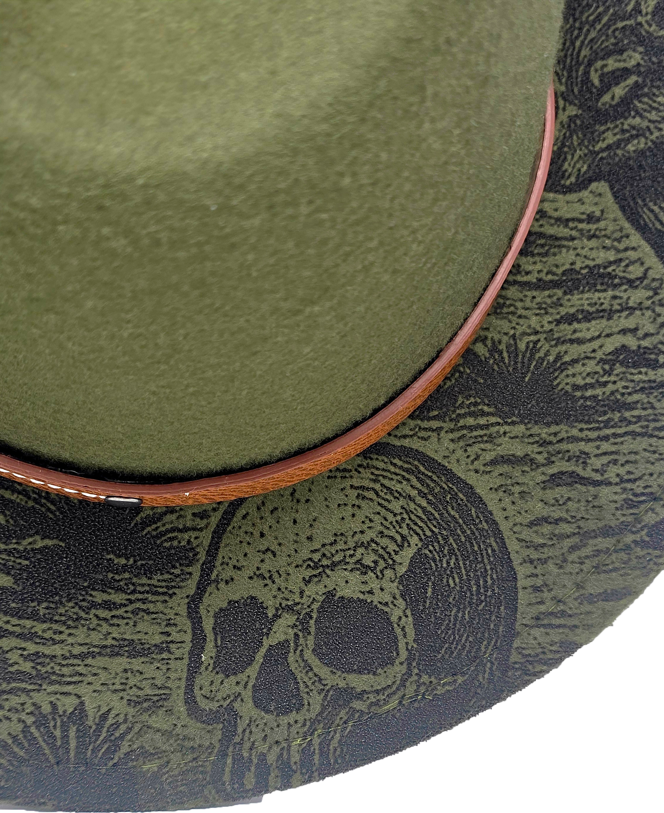 Green Western Fedora Hat with Engraved Desert & Skull Design – Adjustable Cowboy Style