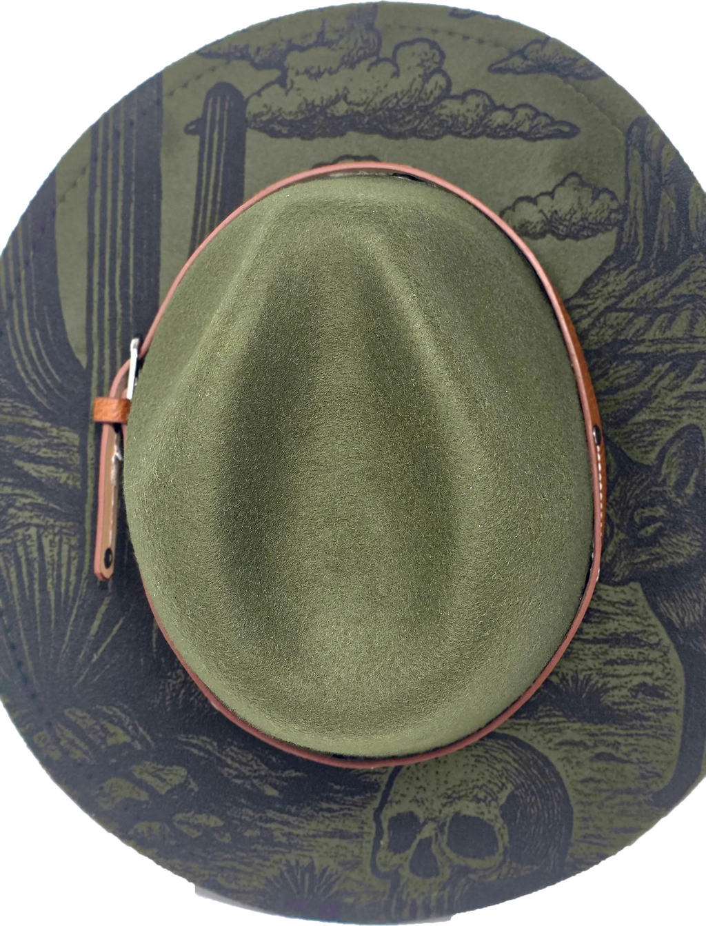Green Western Fedora Hat with Engraved Desert & Skull Design – Adjustable Cowboy Style Western Fedora Hats