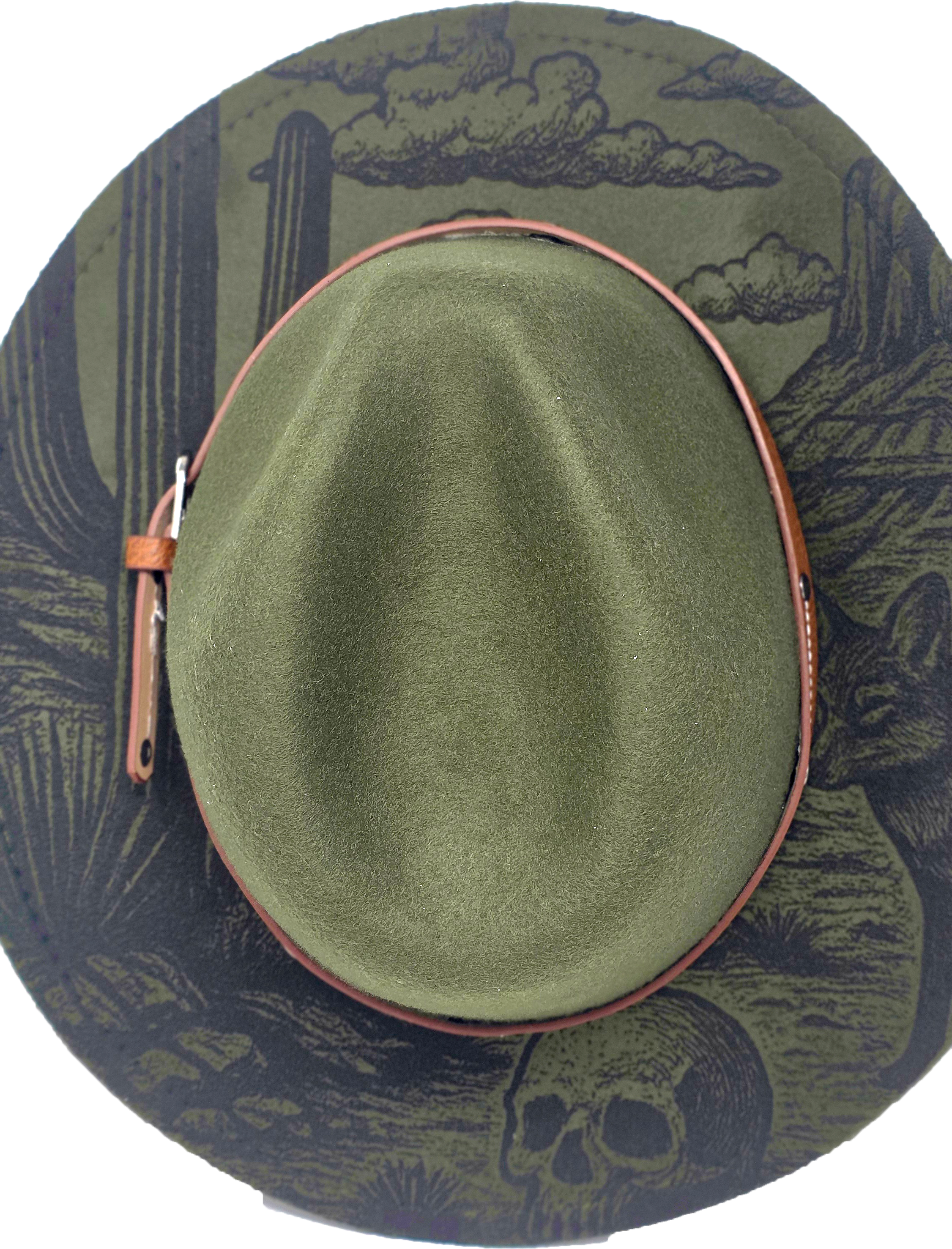 Green Western Fedora Hat with Engraved Desert & Skull Design – Adjustable Cowboy Style