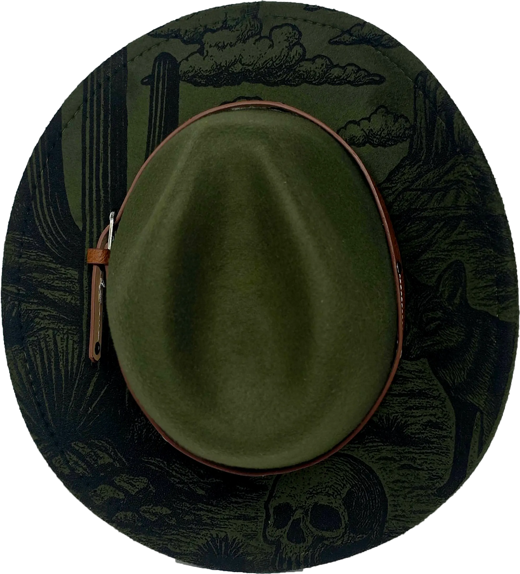 Green Western Fedora Hat with Engraved Desert & Skull Design – Adjustable Cowboy Style Western Fedora Hats