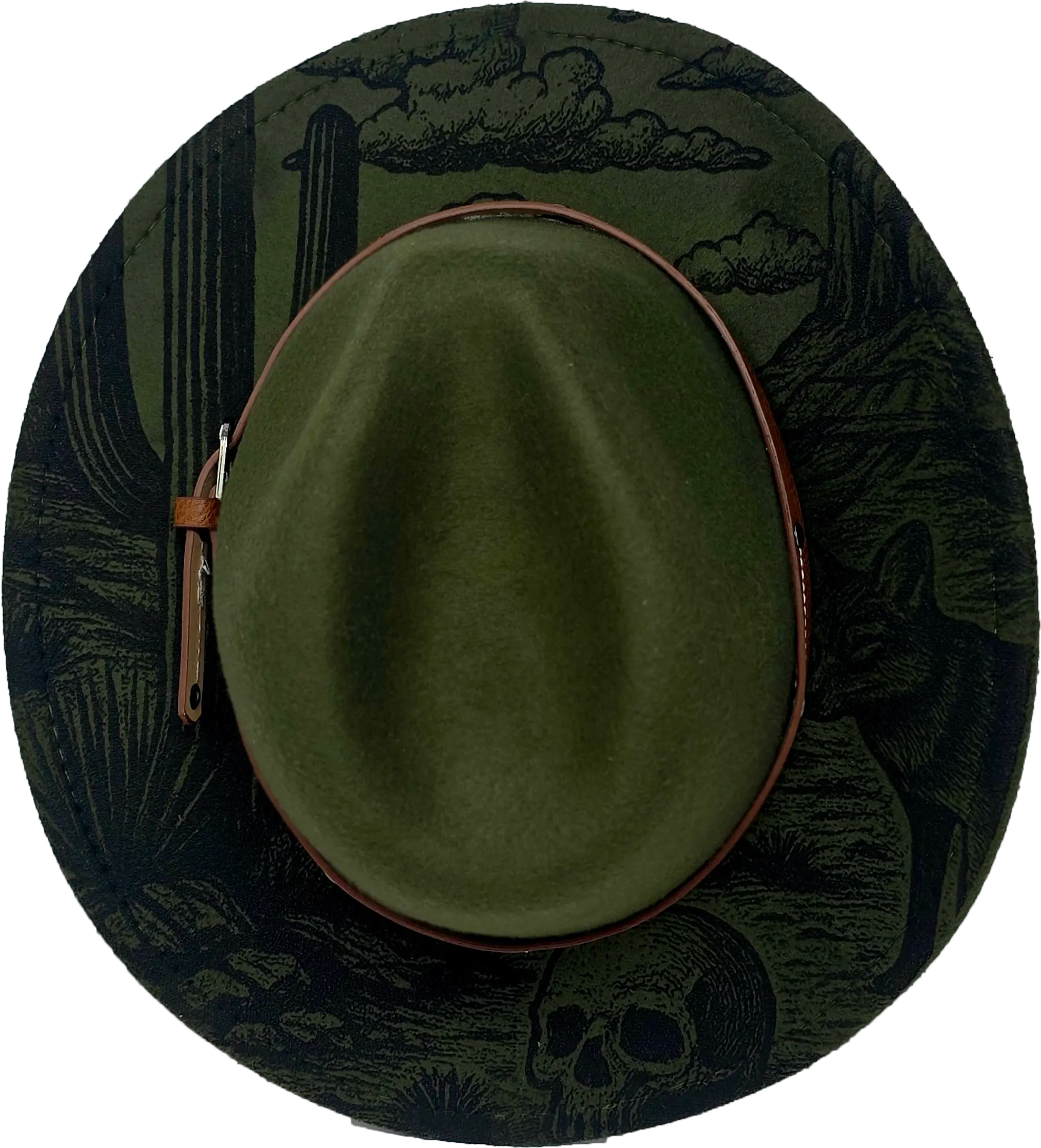 Green Western Fedora Hat with Engraved Desert & Skull Design – Adjustable Cowboy Style Western Fedora Hats
