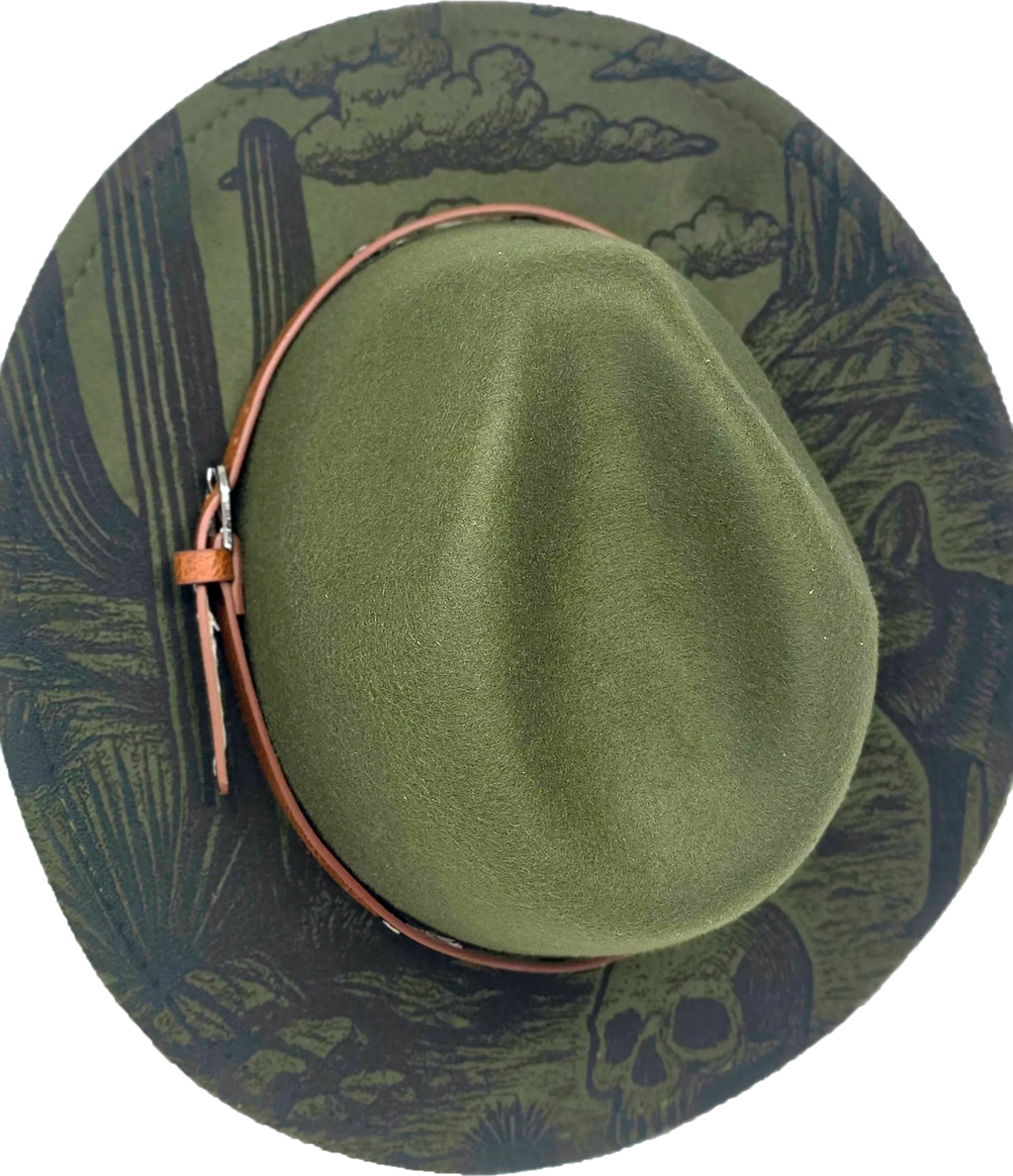 Green Western Fedora Hat with Engraved Desert & Skull Design – Adjustable Cowboy Style Western Fedora Hats