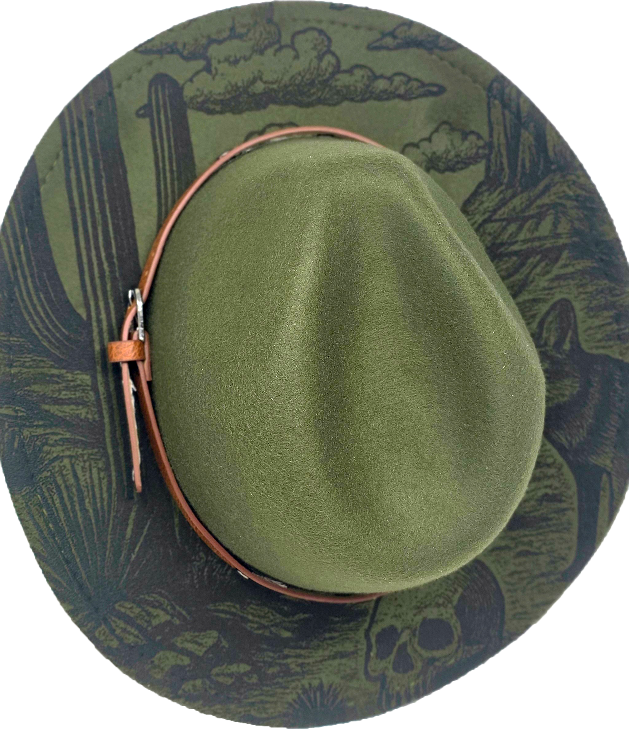 Green Western Fedora Hat with Engraved Desert & Skull Design – Adjustable Cowboy Style