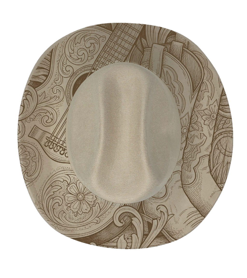 Biege cattleman hat with guitar and cowboy boots engraving