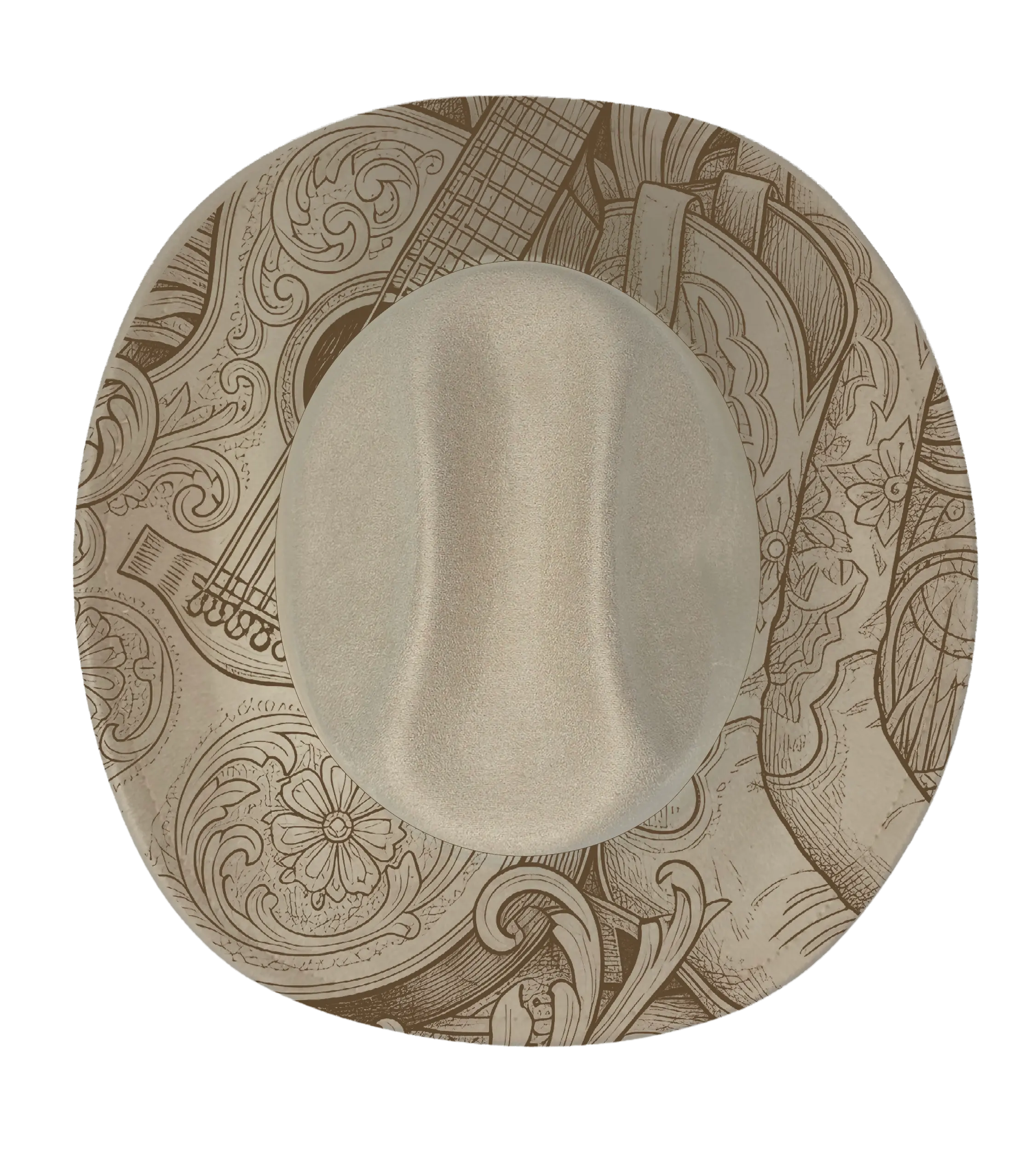 Biege cattleman hat with guitar and cowboy boots engraving