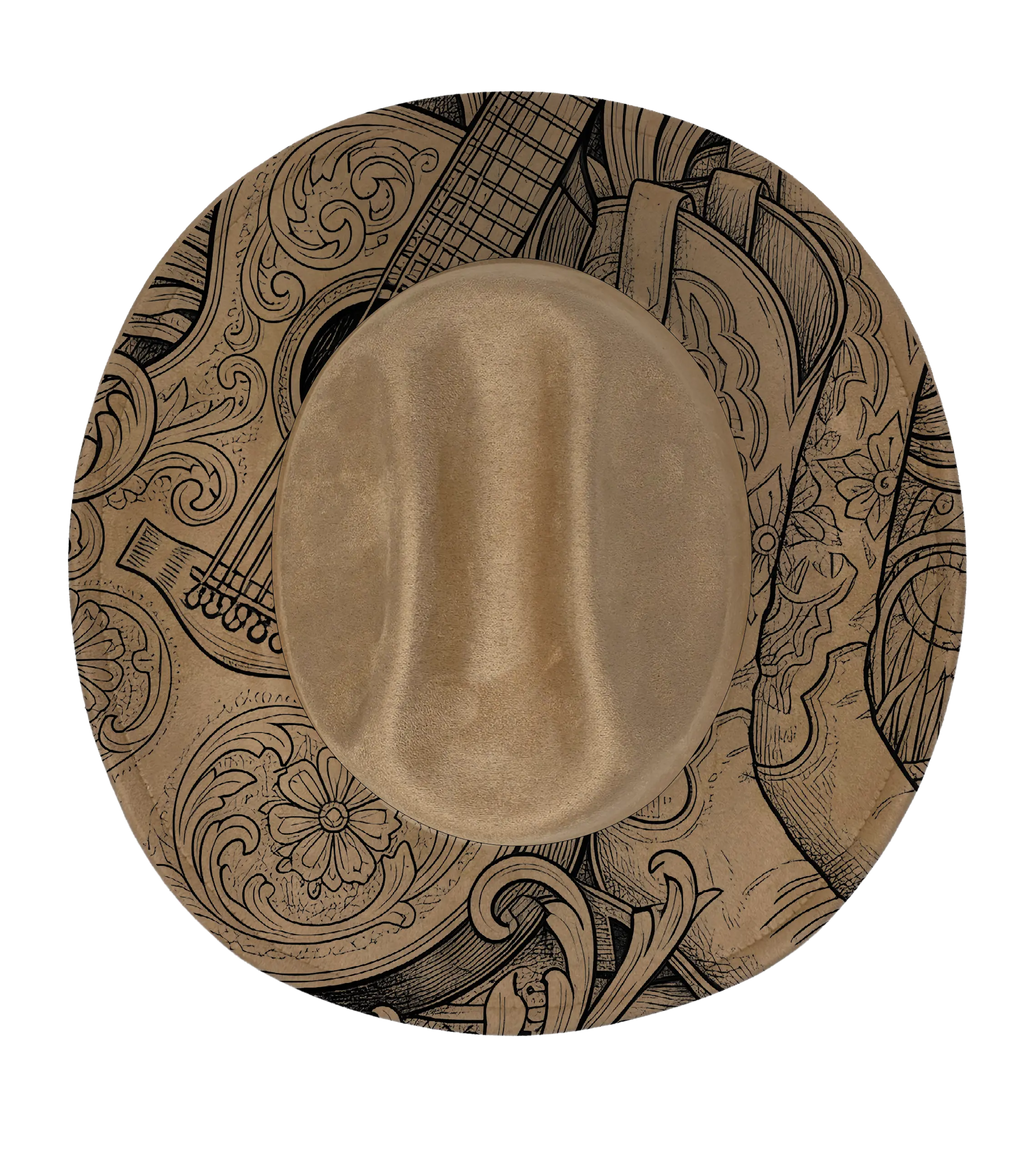 Tan cattleman hat with guitar and cowboy boot engraved image