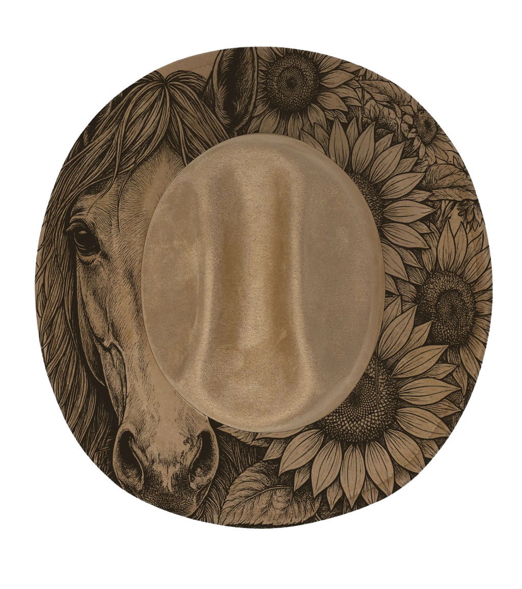 Tan coloured cattleman hat with horses face and sunflowers engraved