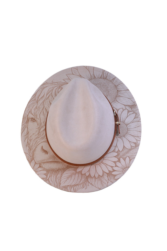 Highland cow and sunflower engraved biege fedora hat