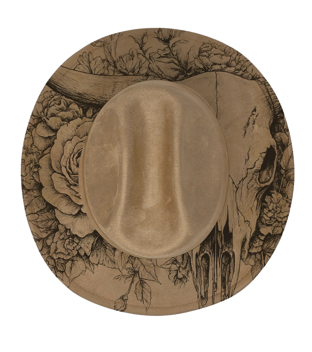 Tan colour cattleman hat with large rose floral and longhorn engraving