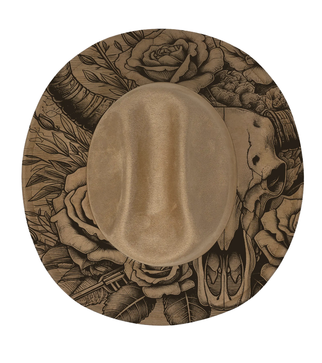 Tan coloured cattleman hat with floral and longhorn engraving
