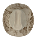 A longhorn and rose engraved onto a biege cattleman hat brim