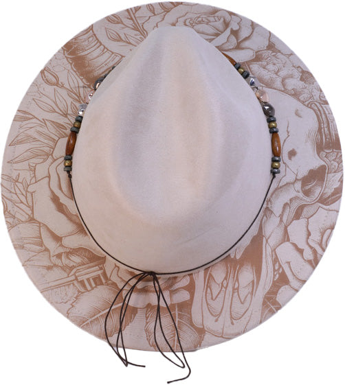 Beige fedora with laser-engraved rose and longhorn design