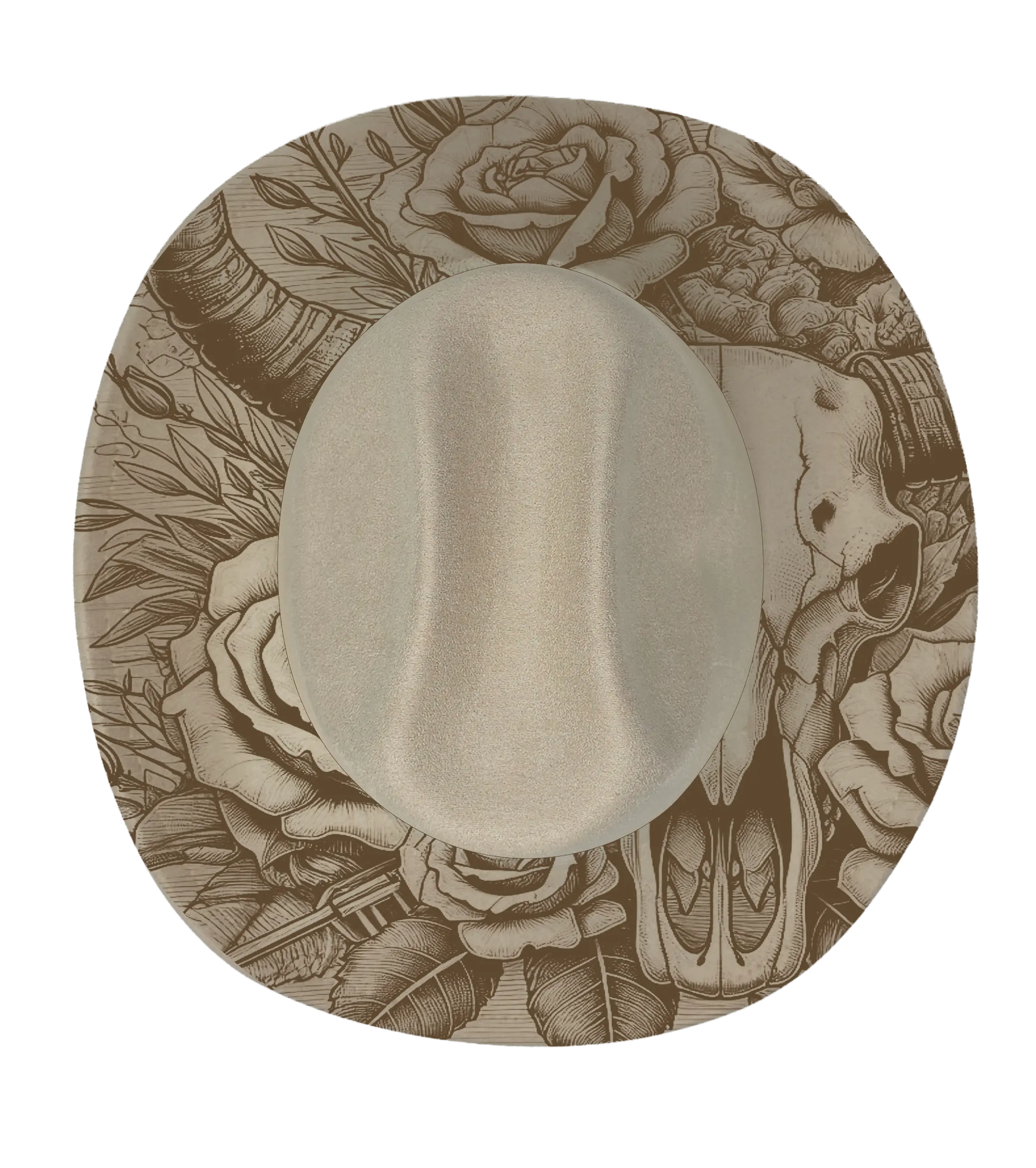 A biege cattleman hat with a longhorn and floral pattern engraved onto the brim